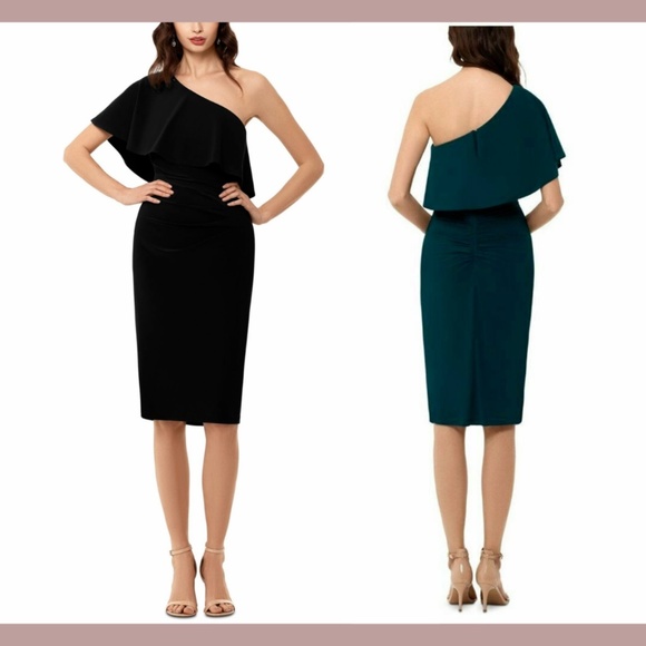 NWT X by XSCAPE [ 4 ] One-Shoulder Ruffle Jersey Dress in‎ Black - Picture 1 of 12